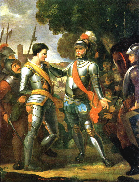 Ocko II tom Brok wordt gevangen voorgeleid aan Focko Ukena na de Slag op de Wilde Ackers in 1427 (Bron: Tjarko Meyer Cramer, 1803; WP). 